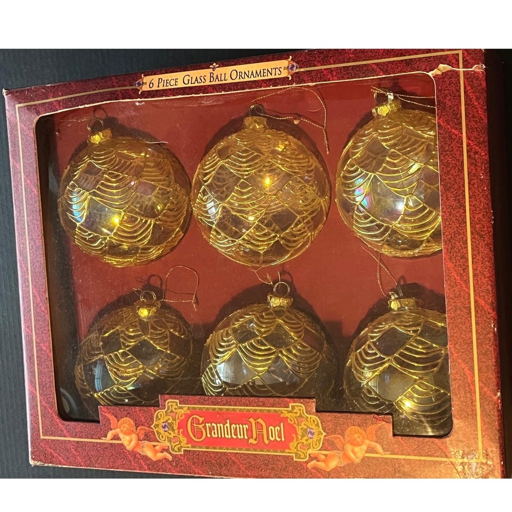 1999 Grandeur Noel 6 Piece Glass Ball Ornaments - Christmas‎ Decor Orig Box